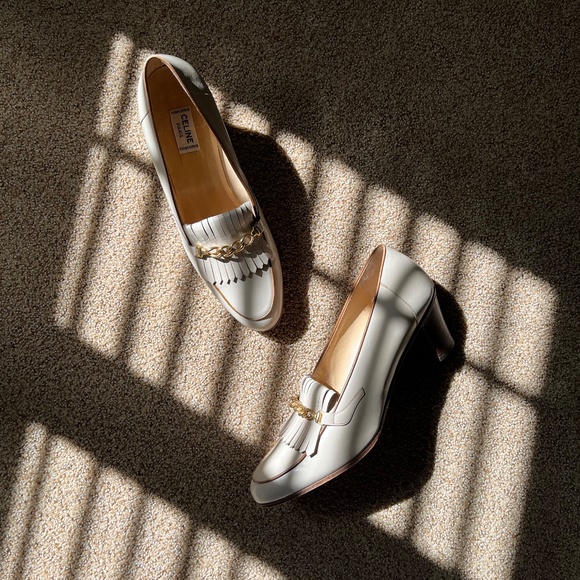 Vintage Cream Celine Heeled Loafers with Gold Chain IT 40 - Picture 14 of 14